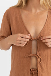 RHYTHM AIRLIE SHORT SLEEVE TOP – OVERSIZED TEXTURED TIE FRONT SHIRT – ALMOND