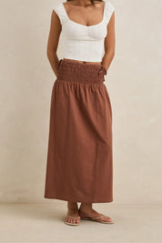 RHYTHM ALANA TIE SIDE MAXI SKIRT CHOCOLATE FLOWING COASTAL WOMENS SKIRT