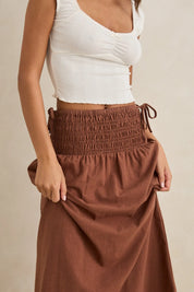 RHYTHM ALANA TIE SIDE MAXI SKIRT CHOCOLATE FLOWING COASTAL WOMENS SKIRT