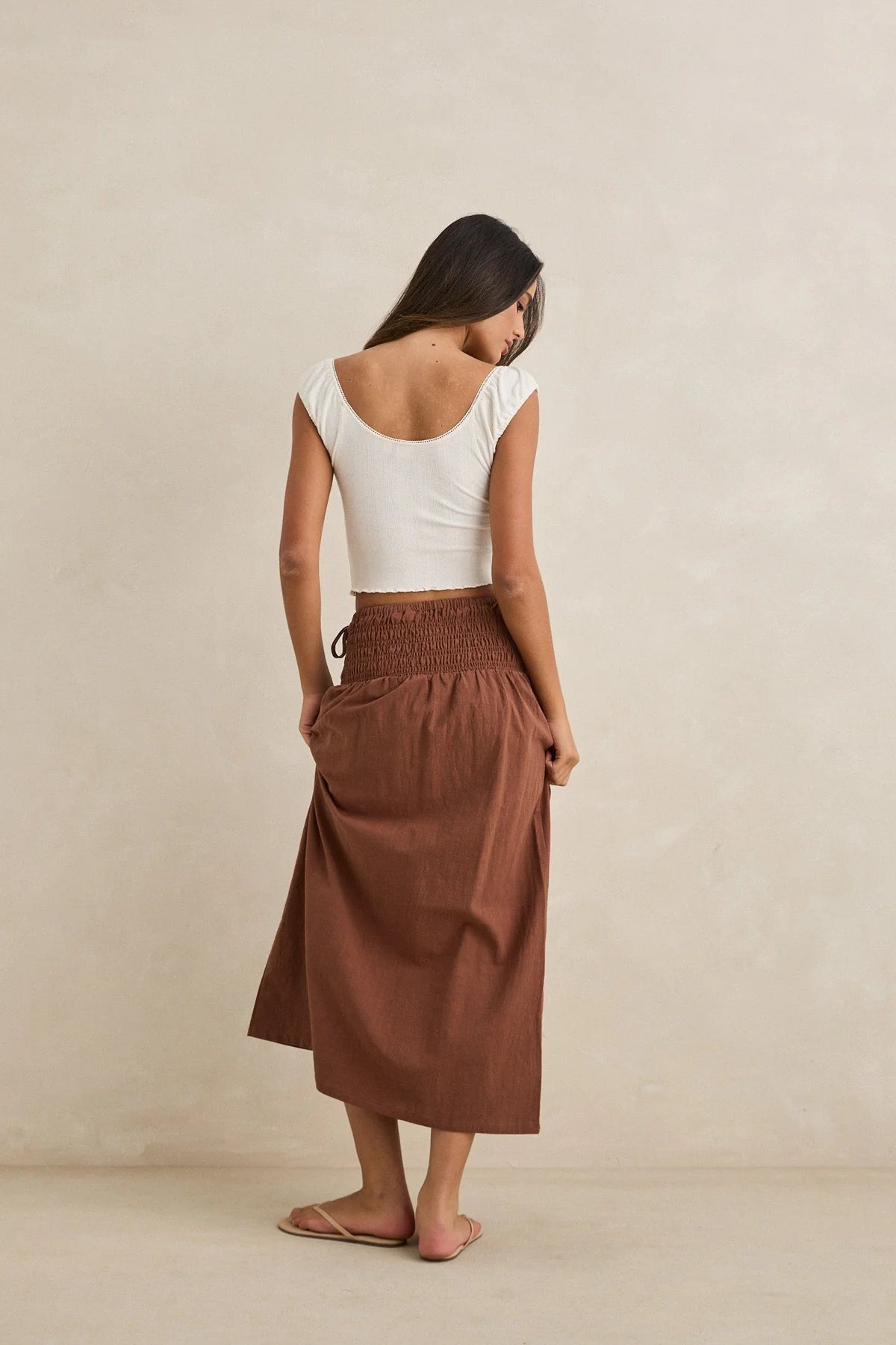 RHYTHM ALANA TIE SIDE MAXI SKIRT CHOCOLATE FLOWING COASTAL WOMENS SKIRT