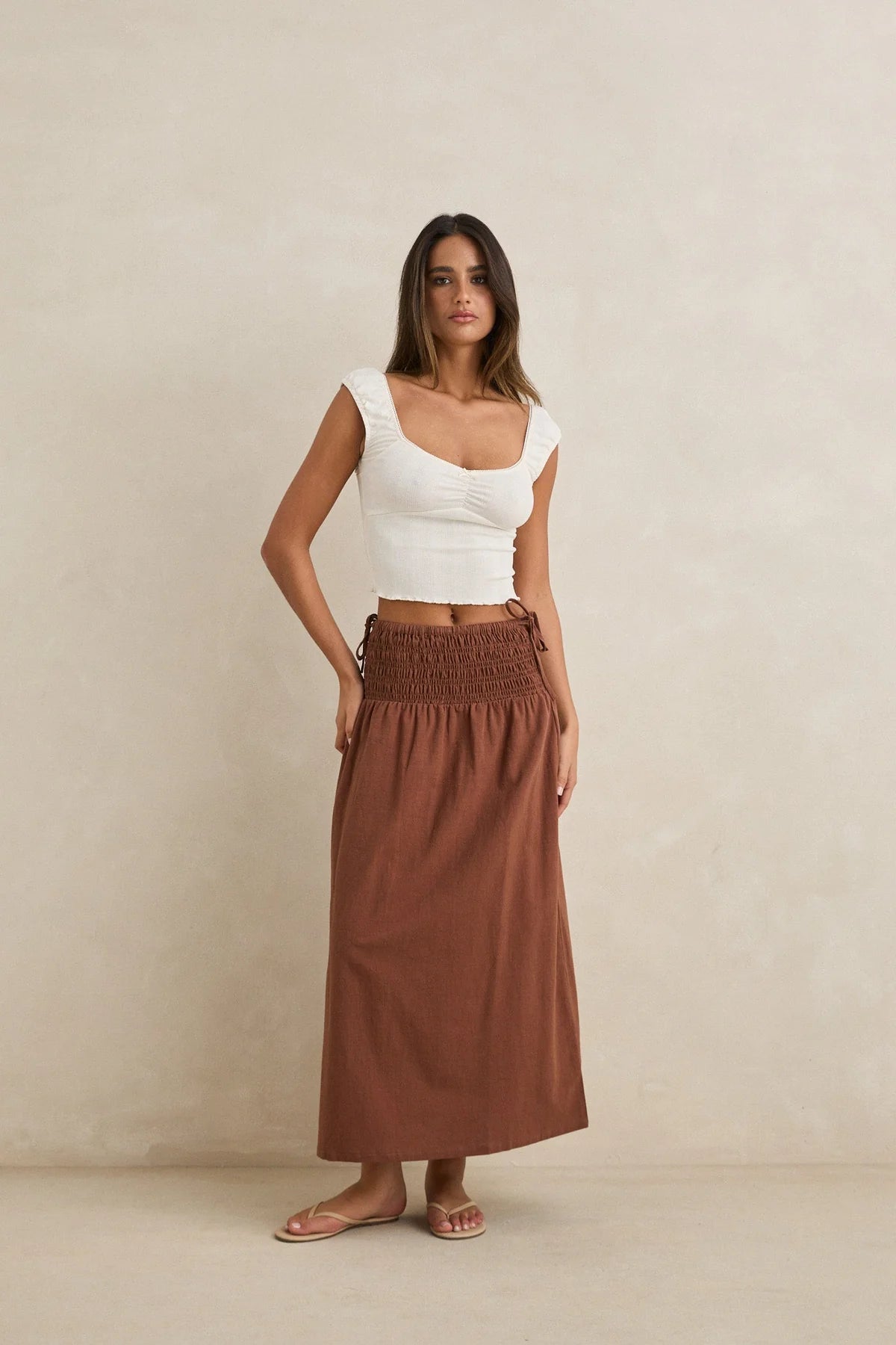 RHYTHM ALANA TIE SIDE MAXI SKIRT CHOCOLATE FLOWING COASTAL WOMENS SKIRT