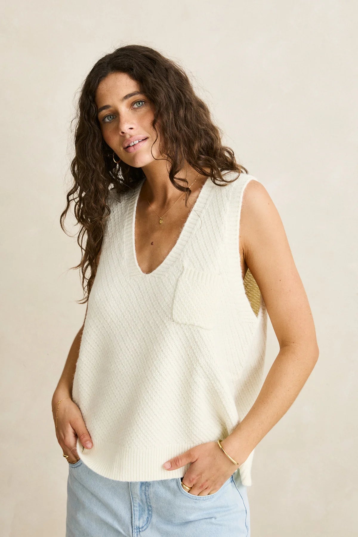 RHYTHM ARCHER KNIT VEST WOMENS CHUNKY KNIT VEST LAYERING TOP VINTAGE WHITE