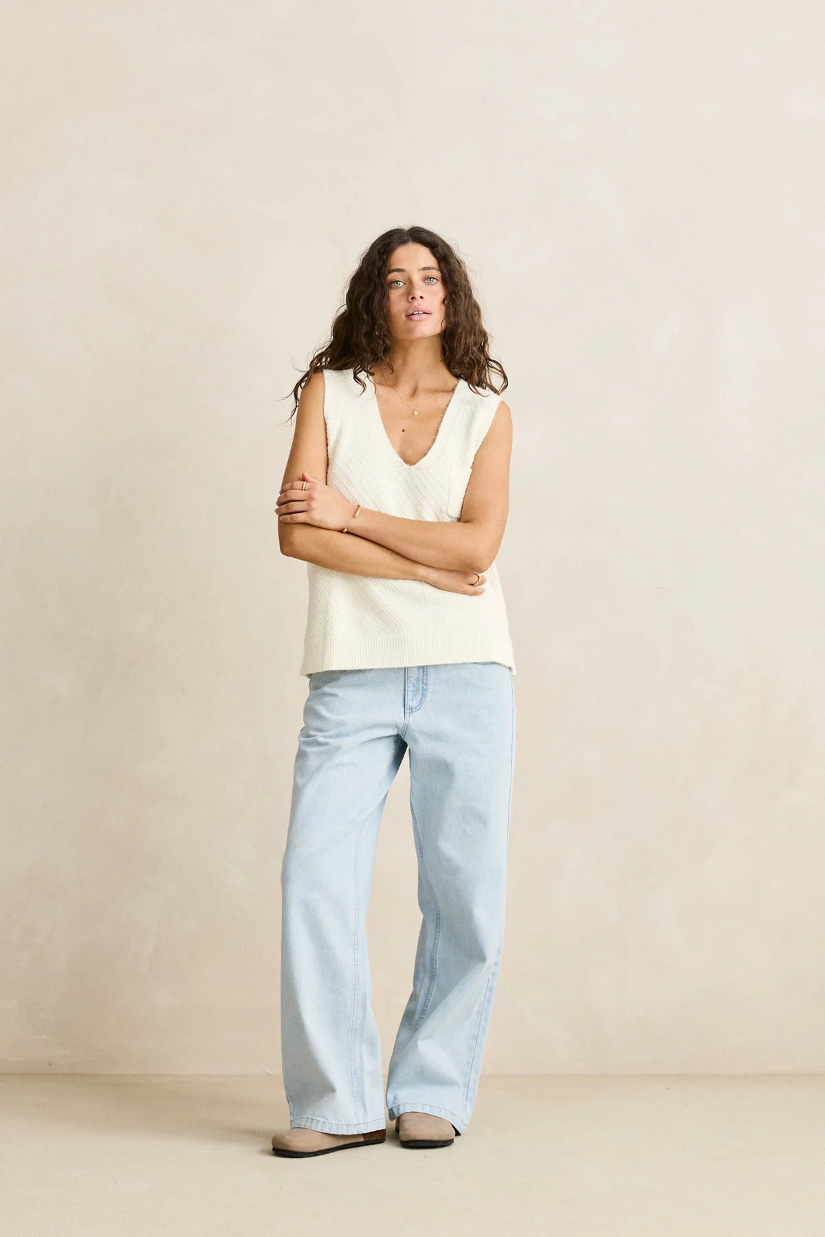 RHYTHM ARCHER KNIT VEST WOMENS CHUNKY KNIT VEST LAYERING TOP VINTAGE WHITE