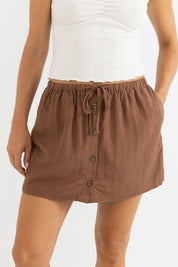 RHYTHM BEACH SIDE SKORT – MID-HIGH RISE RELAXED FIT SKORT WITH INTERNAL SHORTS – CHOCOLATE