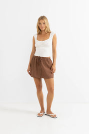 RHYTHM BEACH SIDE SKORT – MID-HIGH RISE RELAXED FIT SKORT WITH INTERNAL SHORTS – CHOCOLATE