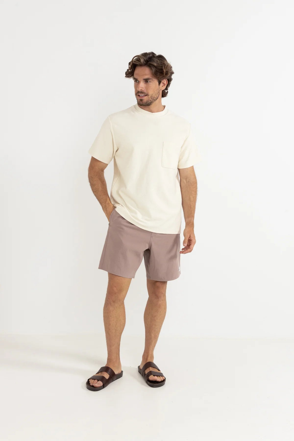 RHYTHM BOX JAM – 17" TEXTURED LINEN BLEND ELASTIC WAIST SHORT – DUSTY MAUVE