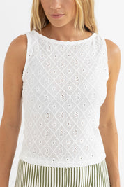 RHYTHM CHARM TANK – HIGH NECK SEMI-SHEER LACE FITTED TANK TOP – WHITE