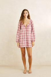 RHYTHM CHELSEA CHECK LONG SLEEVE MINI DRESS – PLUM