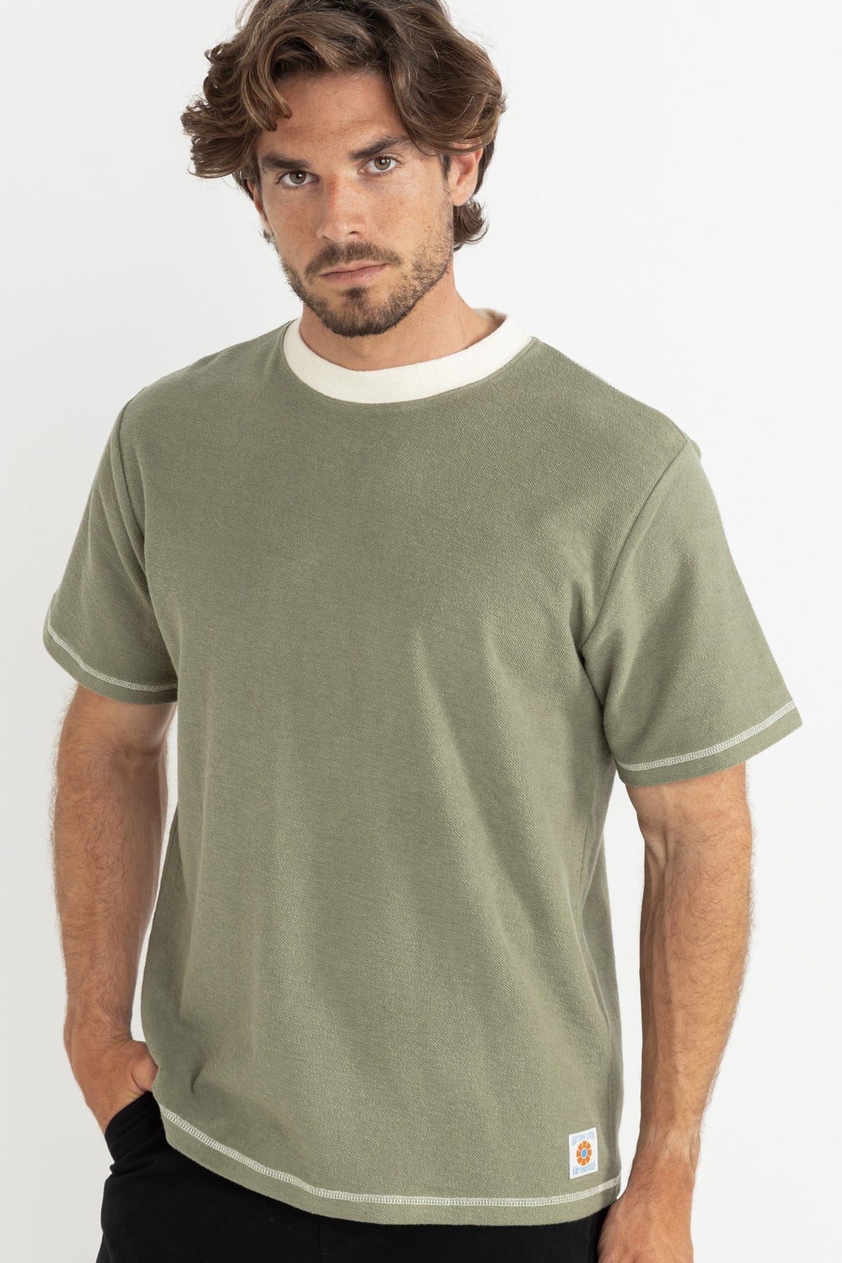 RHYTHM CONTRAST VINTAGE TERRY SS T-SHIRT – RELAXED FIT CONTRAST STITCH TEE – SAGE