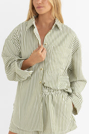 RHYTHM COVE STRIPE LONG SLEEVE SHIRT – OVERSIZED BUTTON UP LIGHTWEIGHT SHIRT – ALOE