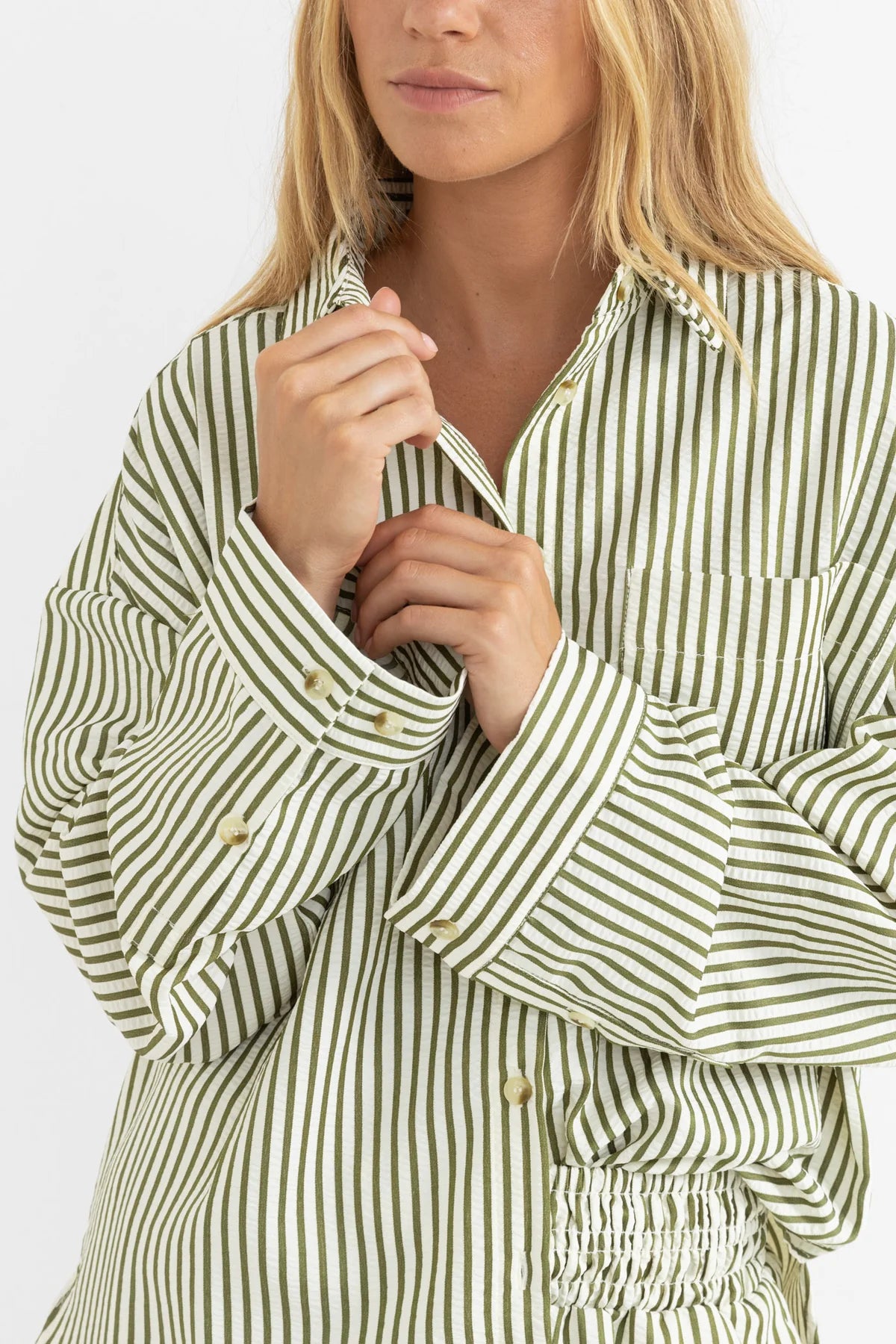 RHYTHM COVE STRIPE LONG SLEEVE SHIRT – OVERSIZED BUTTON UP LIGHTWEIGHT SHIRT – ALOE