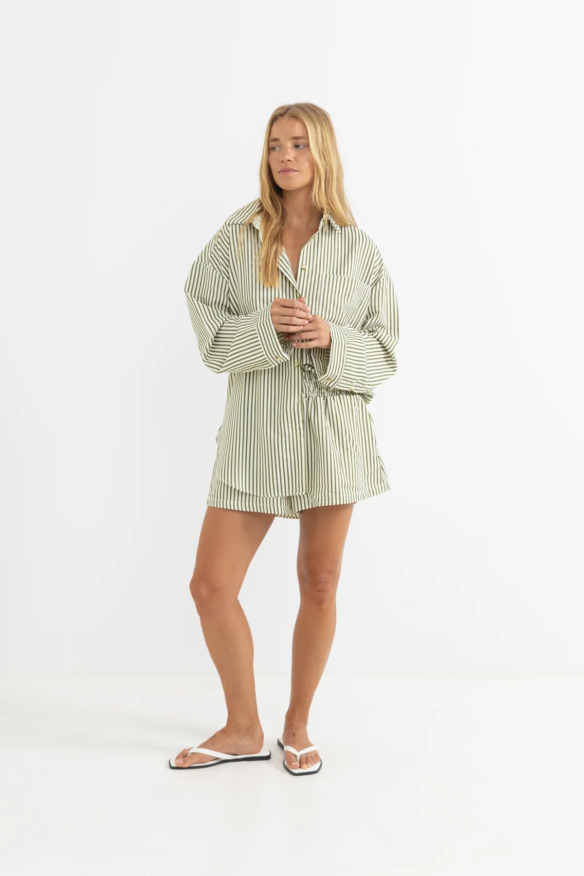 RHYTHM COVE STRIPE LONG SLEEVE SHIRT – OVERSIZED BUTTON UP LIGHTWEIGHT SHIRT – ALOE
