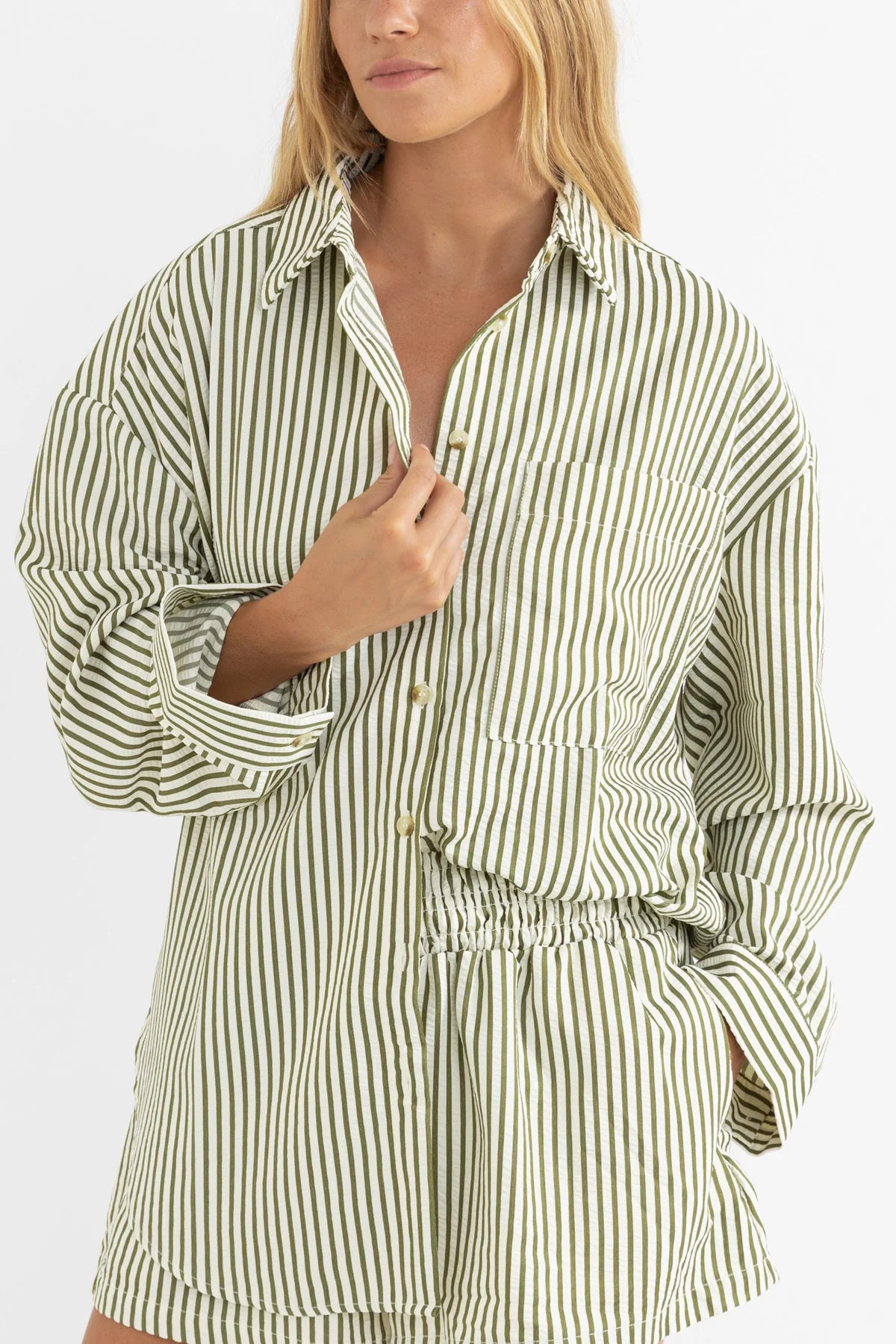 RHYTHM COVE STRIPE LONG SLEEVE SHIRT – OVERSIZED BUTTON UP LIGHTWEIGHT SHIRT – ALOE