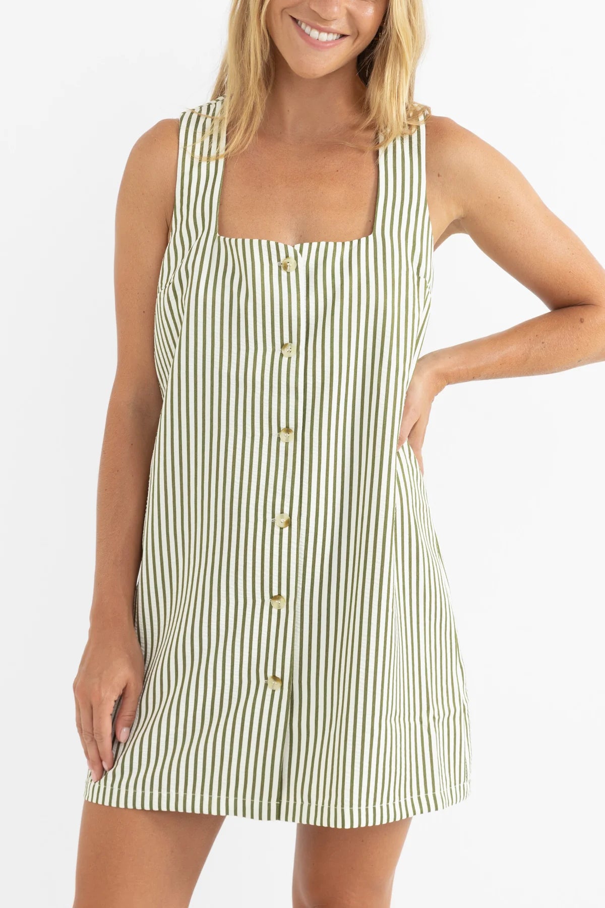 RHYTHM COVE STRIPE MINI DRESS – RELAXED LOOSE FIT BUTTON FRONT SUMMER DRESS – ALOE