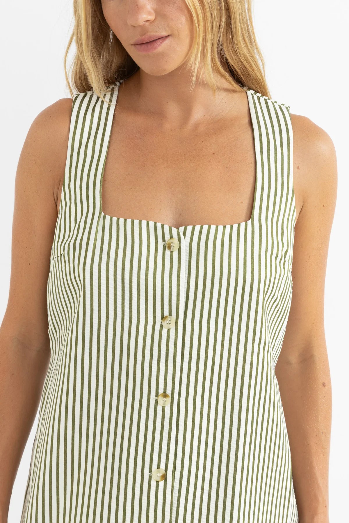 RHYTHM COVE STRIPE MINI DRESS – RELAXED LOOSE FIT BUTTON FRONT SUMMER DRESS – ALOE