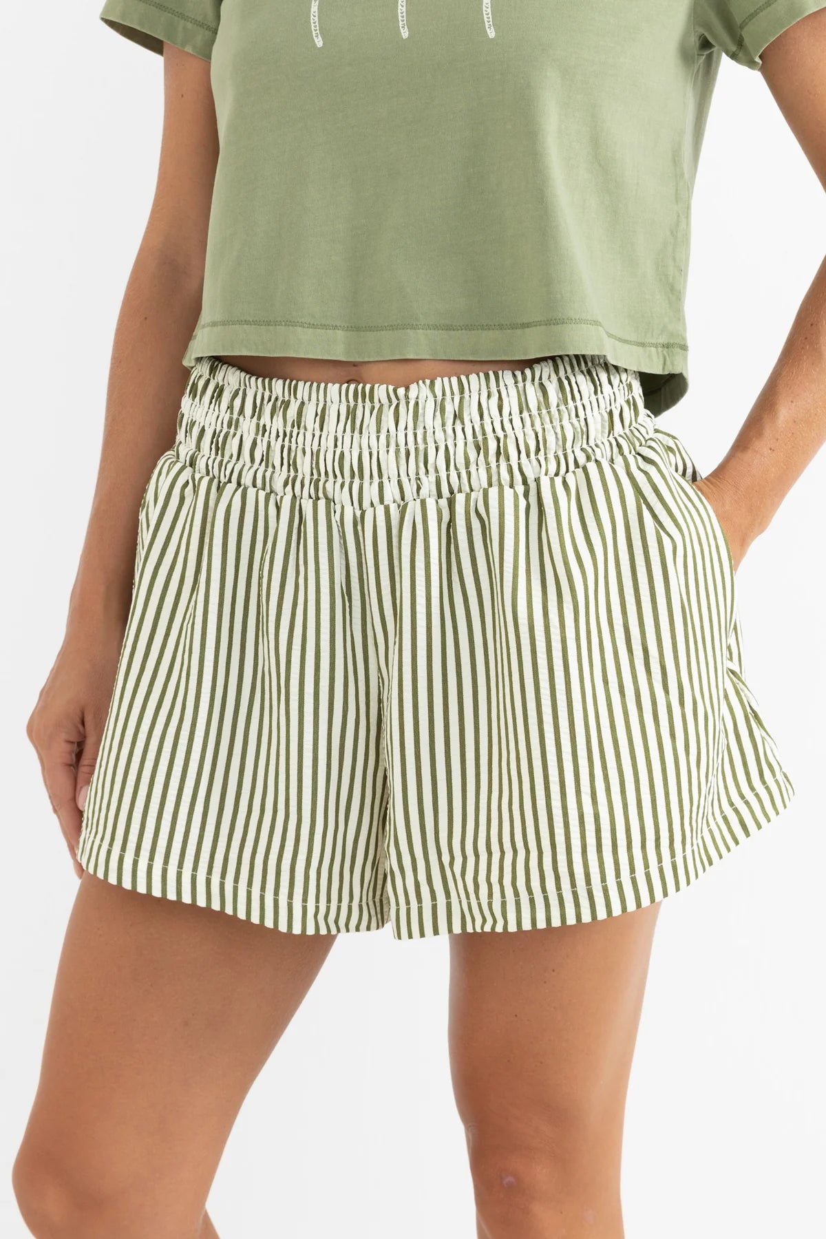 RHYTHM COVE STRIPE SHORT – MID-HIGH RISE RELAXED FIT ELASTIC WAIST SHORTS – ALOE