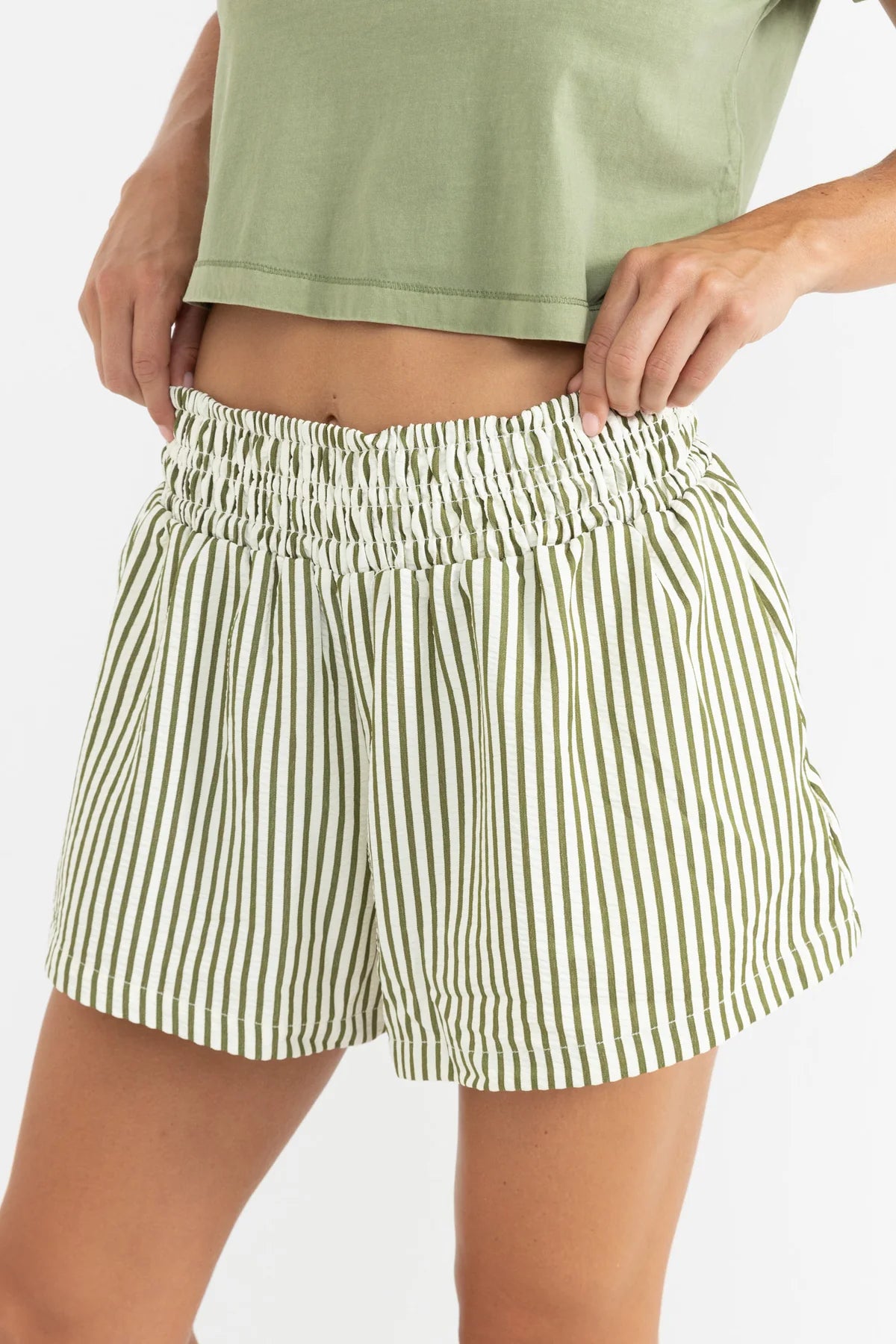 RHYTHM COVE STRIPE SHORT – MID-HIGH RISE RELAXED FIT ELASTIC WAIST SHORTS – ALOE