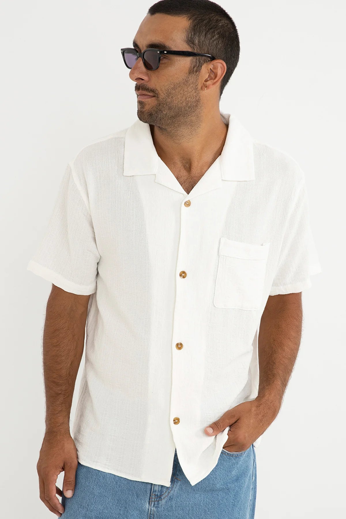 RHYTHM DAYTONA SHIRT – VINTAGE WASHED CUBAN COLLAR SHORT SLEEVE SHIRT – WHITE