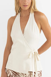 RHYTHM EMI WRAP TOP – HALTER NECK SLIM FIT LONG-LINE WRAP FRONT TOP – CREAM