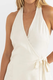 RHYTHM EMI WRAP TOP – HALTER NECK SLIM FIT LONG-LINE WRAP FRONT TOP – CREAM