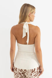 RHYTHM EMI WRAP TOP – HALTER NECK SLIM FIT LONG-LINE WRAP FRONT TOP – CREAM