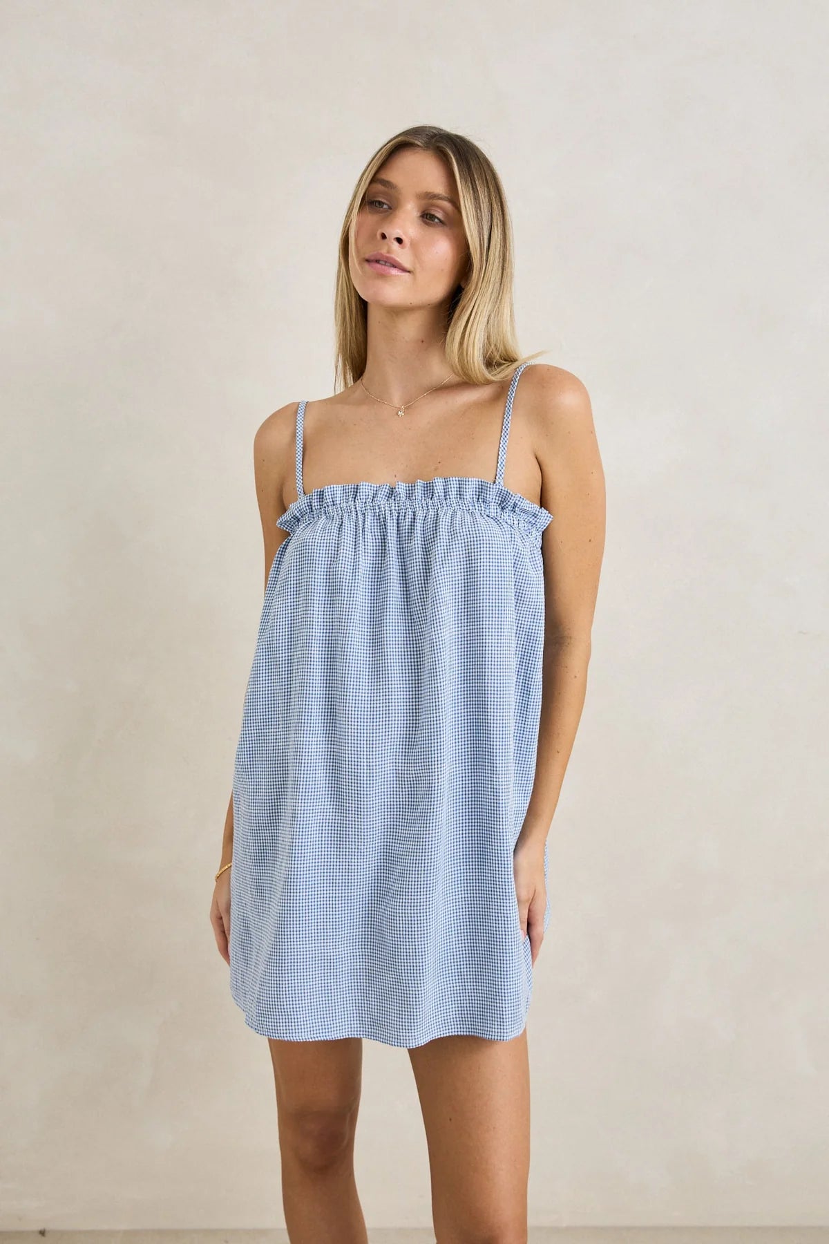 RHYTHM GOLDIE MINI DRESS WOMENS STRAPLESS SUMMER DRESS BLUE CHECK