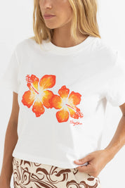 RHYTHM HIBISCUS FLORAL CROP CREW TEE – SLIM FIT CROPPED GRAPHIC TEE – WHITE