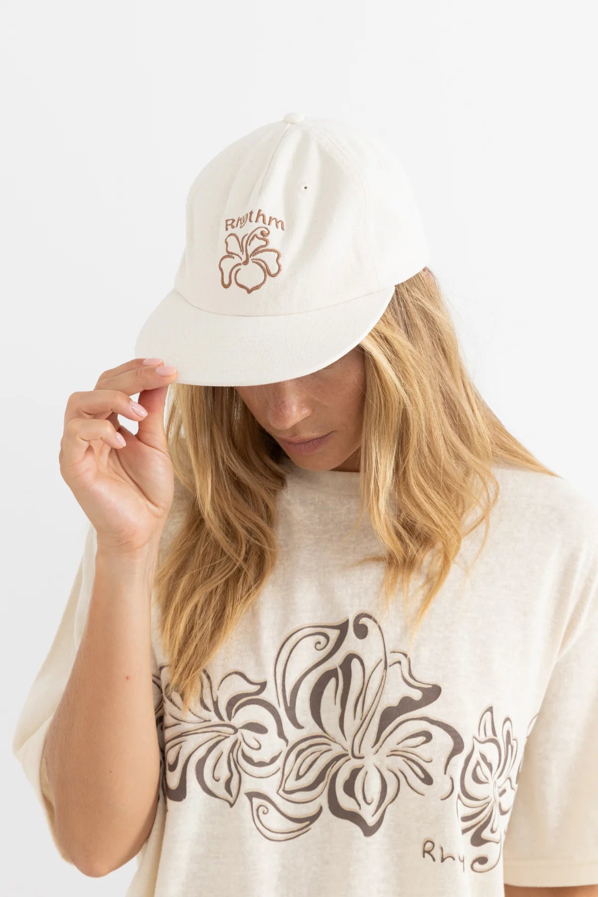 RHYTHM KAI FLORAL CAP – FLAT BRIM 5 PANEL COTTON CANVAS ADJUSTABLE CAP – CREAM