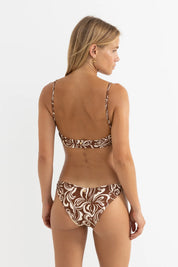 RHYTHM KAI FLORAL TIE FRONT BANDEAU TOP – REMOVABLE STRAP BANDEAU BIKINI – CHOCOLATE