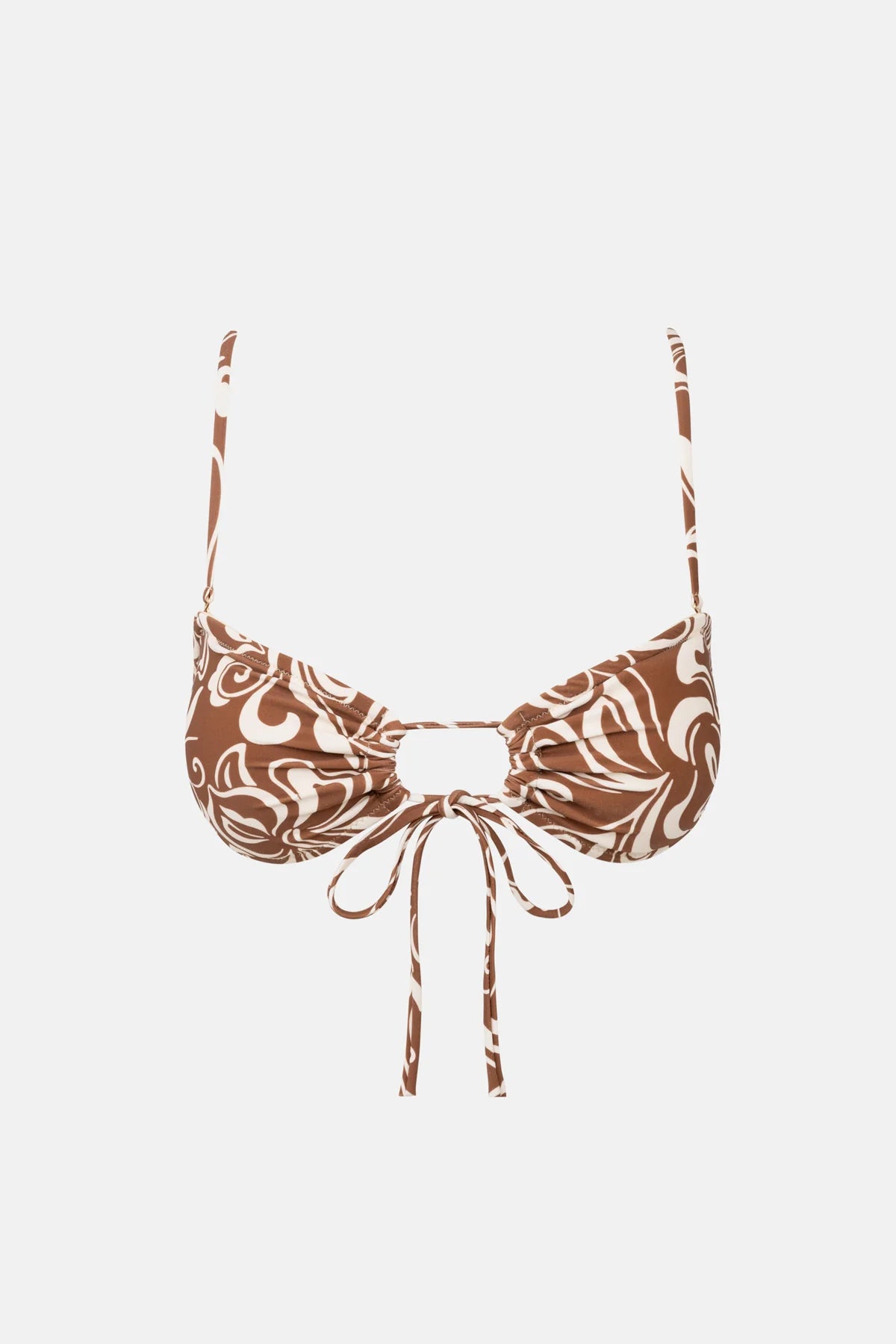 RHYTHM KAI FLORAL TIE FRONT BANDEAU TOP – REMOVABLE STRAP BANDEAU BIKINI – CHOCOLATE
