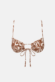 RHYTHM KAI FLORAL TIE FRONT BANDEAU TOP – REMOVABLE STRAP BANDEAU BIKINI – CHOCOLATE
