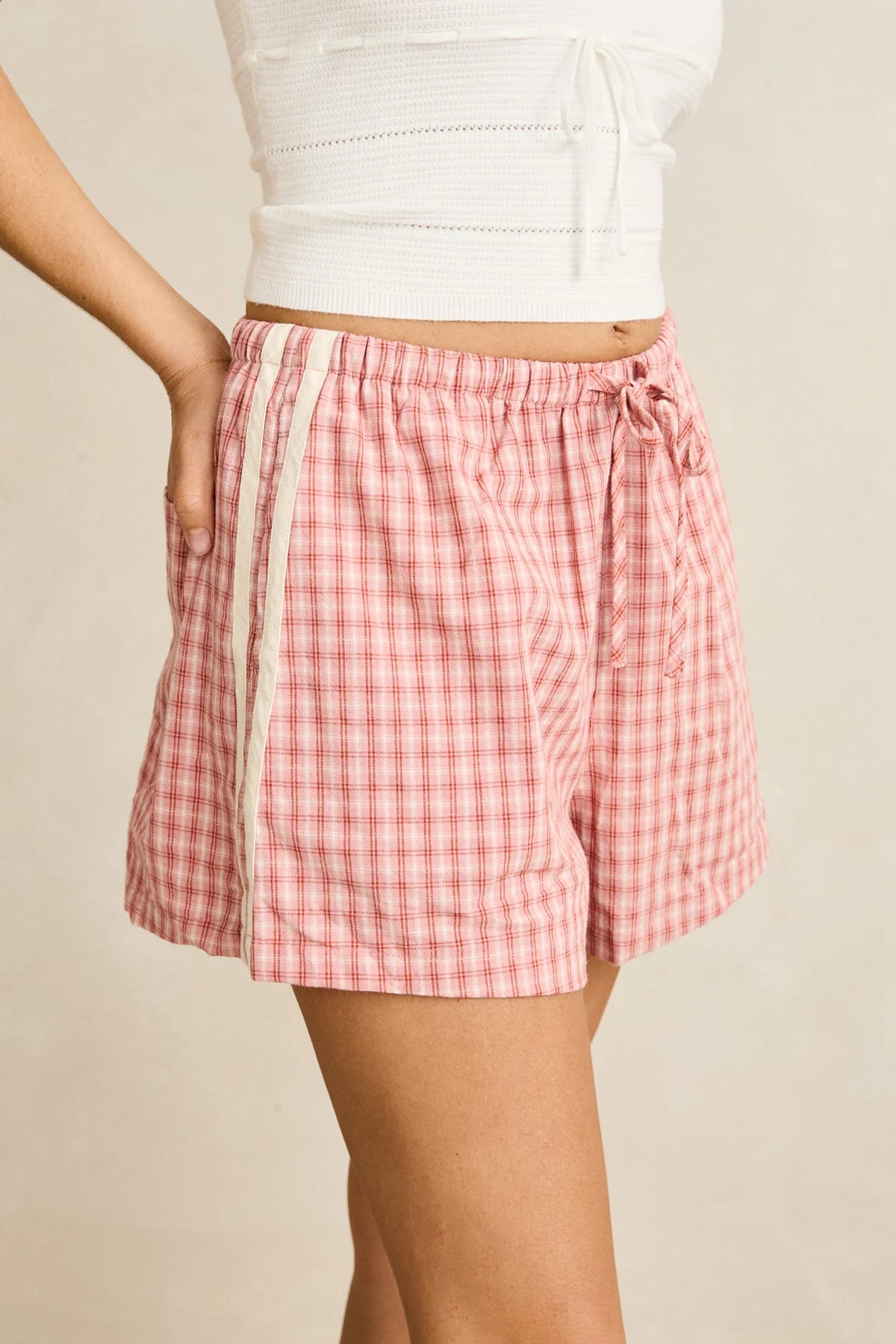 RHYTHM KIRRA CHECK SHORT WOMENS RELAXED A-LINE SUMMER SHORT PINK STRIPE