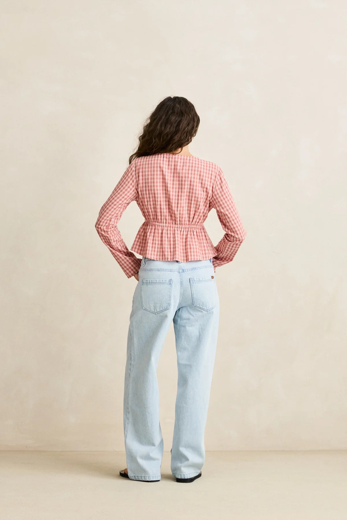 RHYTHM KIRRA CHECK TIE FRONT LONG SLEEVE TOP WOMENS LIGHTWEIGHT BLOUSE PINK