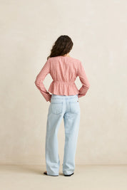 RHYTHM KIRRA CHECK TIE FRONT LONG SLEEVE TOP WOMENS LIGHTWEIGHT BLOUSE PINK