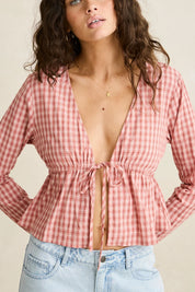 RHYTHM KIRRA CHECK TIE FRONT LONG SLEEVE TOP WOMENS LIGHTWEIGHT BLOUSE PINK