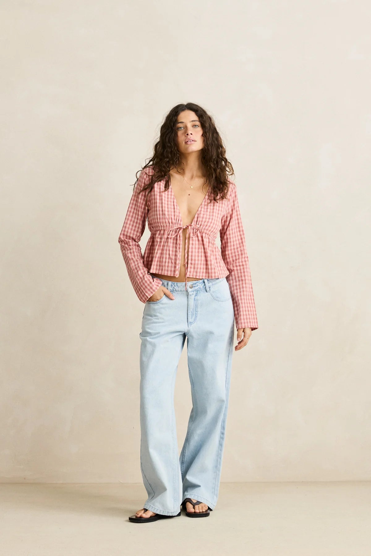 RHYTHM KIRRA CHECK TIE FRONT LONG SLEEVE TOP WOMENS LIGHTWEIGHT BLOUSE PINK