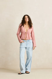 RHYTHM KIRRA CHECK TIE FRONT LONG SLEEVE TOP WOMENS LIGHTWEIGHT BLOUSE PINK