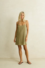 RHYTHM LINEN LACE SLIP MINI DRESS - OLIVE