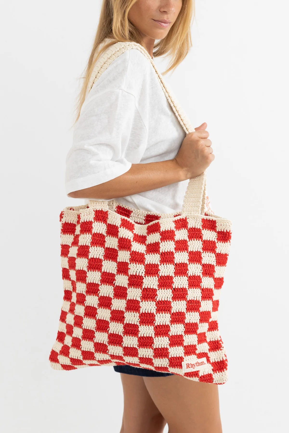 RHYTHM LOLA CHECK CROCHET TOTE BAG – COTTON CROCHET CHECKERBOARD TOTE – FIRE