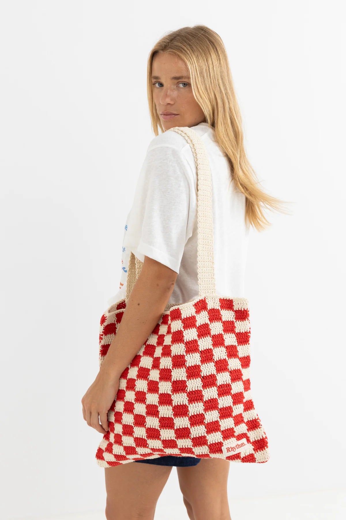 RHYTHM LOLA CHECK CROCHET TOTE BAG – COTTON CROCHET CHECKERBOARD TOTE – FIRE
