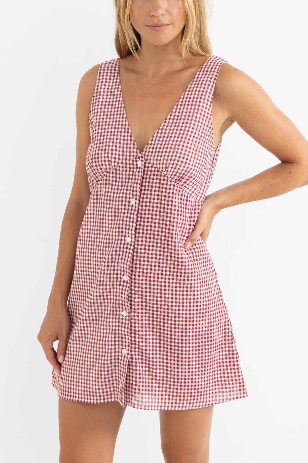 RHYTHM LOLA CHECK MINI DRESS – SLIM-FIT CHECKED SUMMER DRESS WITH BUTTON FRONT – FIRE