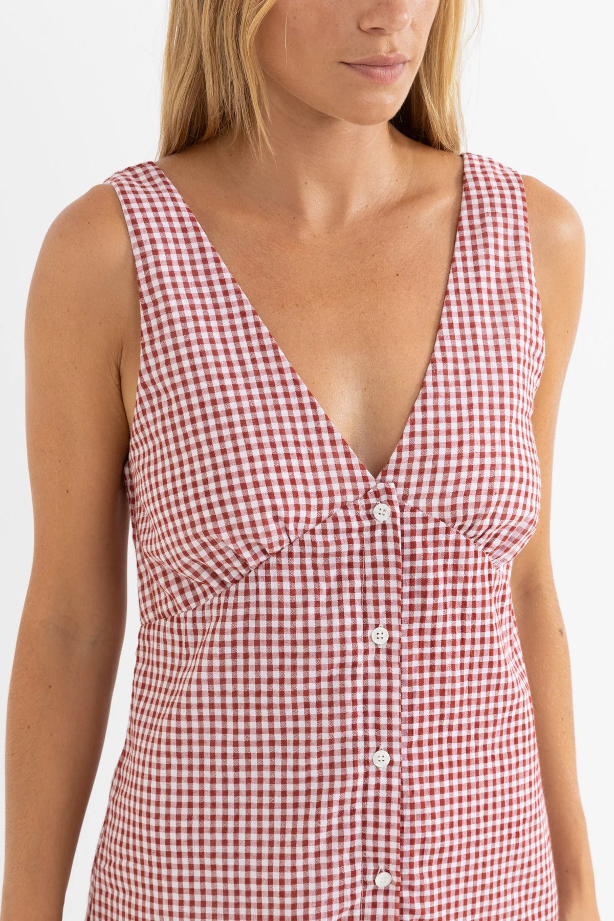 RHYTHM LOLA CHECK MINI DRESS – SLIM-FIT CHECKED SUMMER DRESS WITH BUTTON FRONT – FIRE