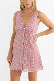 RHYTHM LOLA CHECK MINI DRESS – SLIM-FIT CHECKED SUMMER DRESS WITH BUTTON FRONT – FIRE