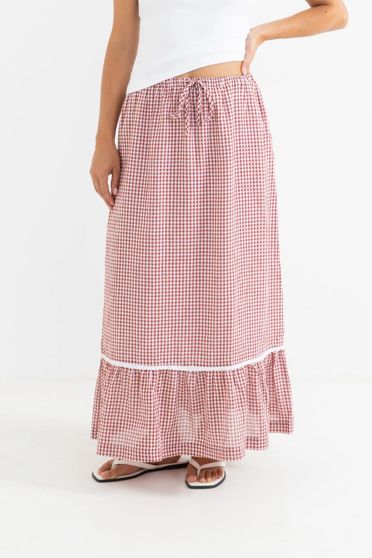 RHYTHM LOLA CHECK TIERED MAXI SKIRT - FIRE