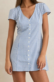 RHYTHM LOLA CHECK WOMENS CAP SLEEVE MINI DRESS RELAXED SUMMER DRESS BLUE