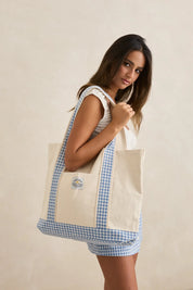 RHYTHM LOLA CHECK WOMENS TOTE BAG EVERYDAY BEACH CARRY ALL BAG BLUE