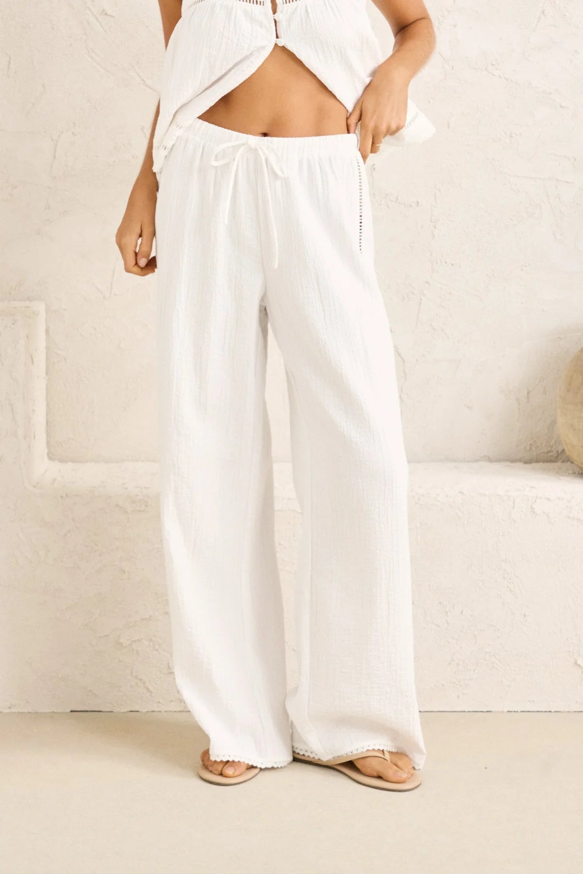 RHYTHM MACY SCALLOP PANT WOMENS HIGH RISE RELAXED PANTS WHITE COASTAL STYLE