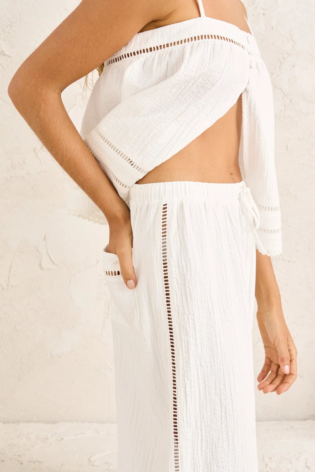 RHYTHM MACY SCALLOP PANT WOMENS HIGH RISE RELAXED PANTS WHITE COASTAL STYLE