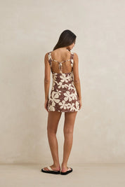 RHYTHM MELIA FLORAL MINI DRESS CHOCOLATE SLIM FIT COASTAL SUMMER DRESS