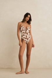 RHYTHM MELIA FLORAL TIE FRONT ONE PIECE SWIMSUIT CHOCOLATE OPEN BACK UNDERWIRE